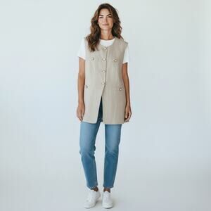 Rachel Zoe Women's Basket Weave Beige Fitted Gold Button Long Vest Lined - 6